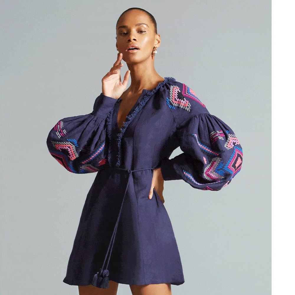Embroidered Linen Mini Dress (Navy Blue Size 0)